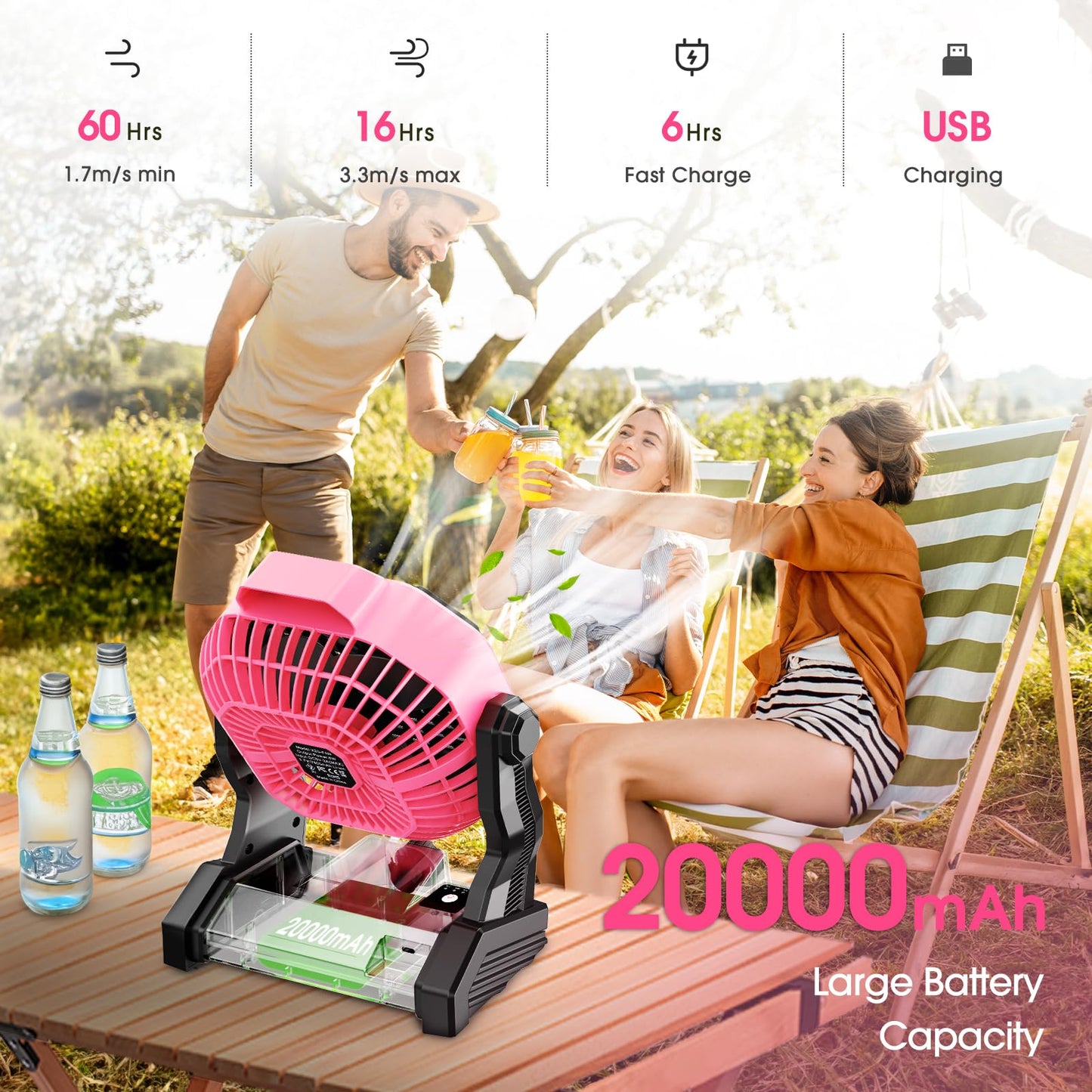 JINLICTE Camping Fan with LED Lantern, 20000mAh 9-inch Rechargeable Battery Operated Portable Tent Dual Motor, Quiet and Strong Wind, Hang Hook, Perfect Outdoor USB for Picnic, Barbecue, Fishing