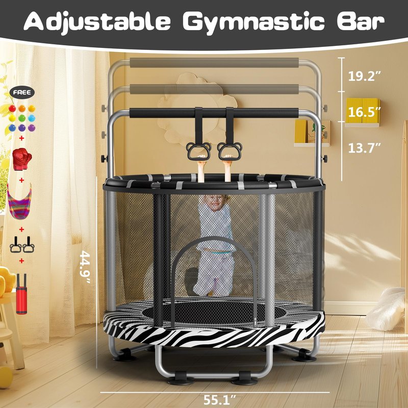 ZCMHAXJ 55" Trampoline for Kids with Enclosure, 440lbs Capacity Indoor & Outdoor Toddler Trampoline with Adjustable Gymnastics Bar & Toys, Gifts for Boys & Girls
