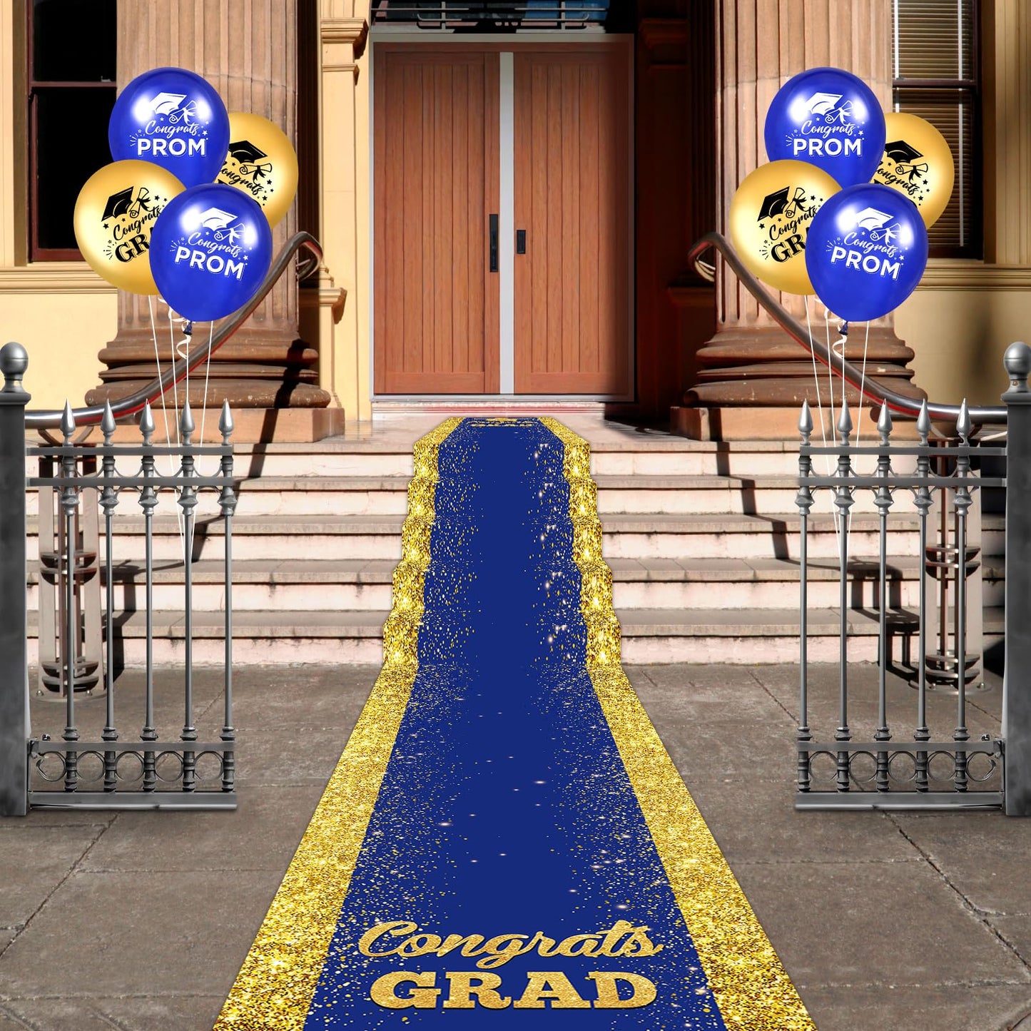 Blue Carpet Runner for Party, 10 x 2.6ft, Blue Gold Graduation Prom Decorations Polyester Fabric Runway Rug for Prom Party Decor Blue Aisle Runner for High School College Scholar Graduation Ceremony