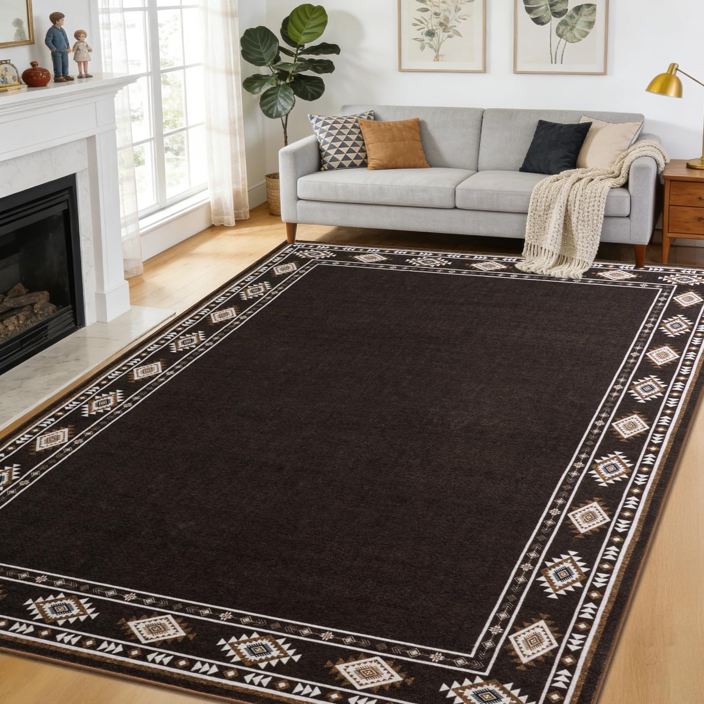 QDUIDU Large Area Rug for Bedroom Living Room, 5x7 Feet Ultra Soft Brown Rugs Washable Modern Geometric Bordered Non Slip Low Pile Carpets Home Decor