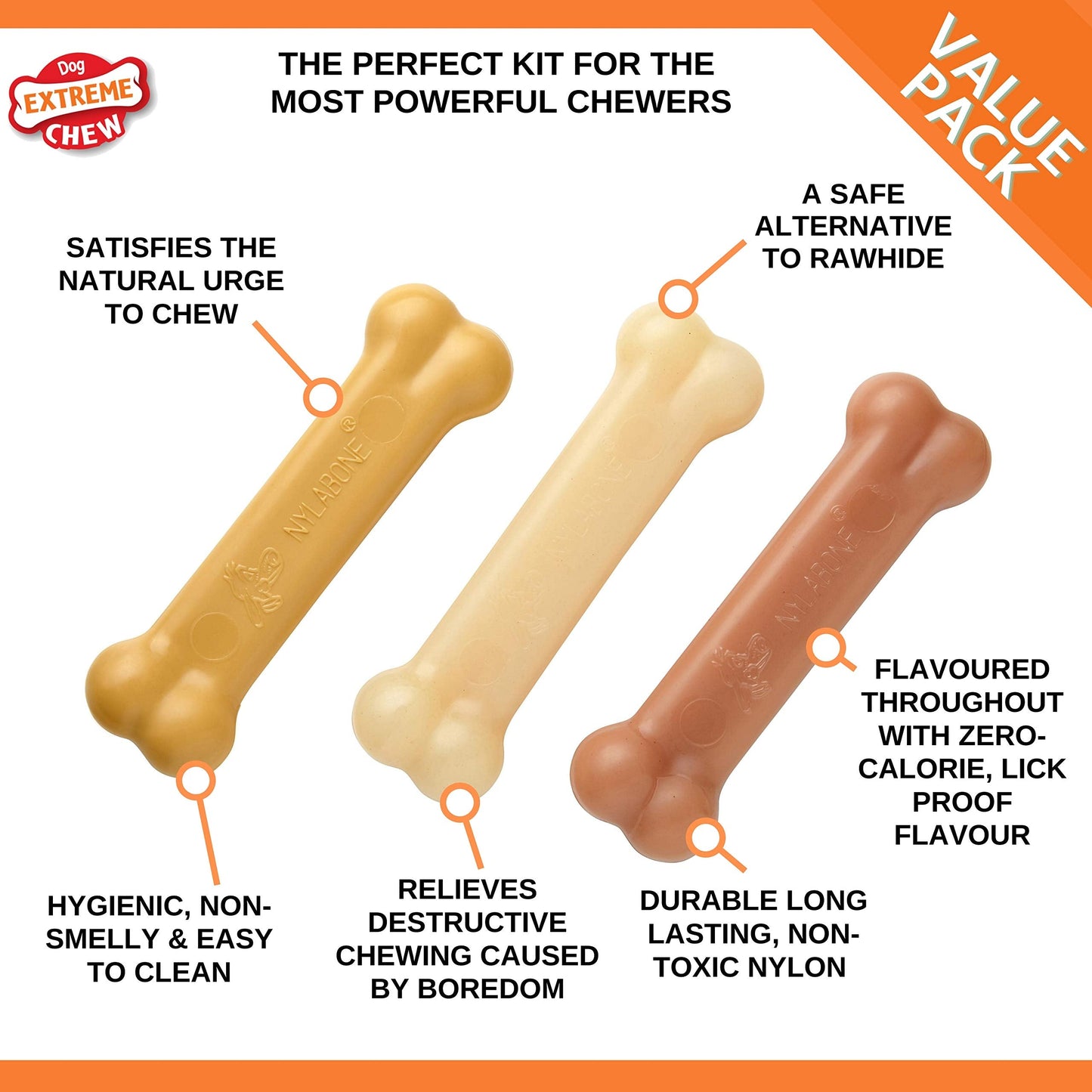 Nylabone Extreme Tough Dog Chew Toy Bones, Peanut Butter, Chicken, Bacon Flavoured, 3-Piece, Small, For Dogs Up To 11 kg