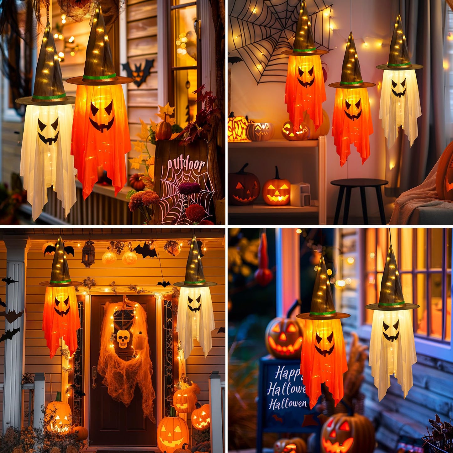Minetom Halloween Lights Battery Operated, 2PC Large Hanging Witch Hats Lights, Total 40 LED Light up Witch Hat, Glowing Ghost Witch Hat Lights, Halloween Outdoor Decoration for Tree Indoor,Warm White
