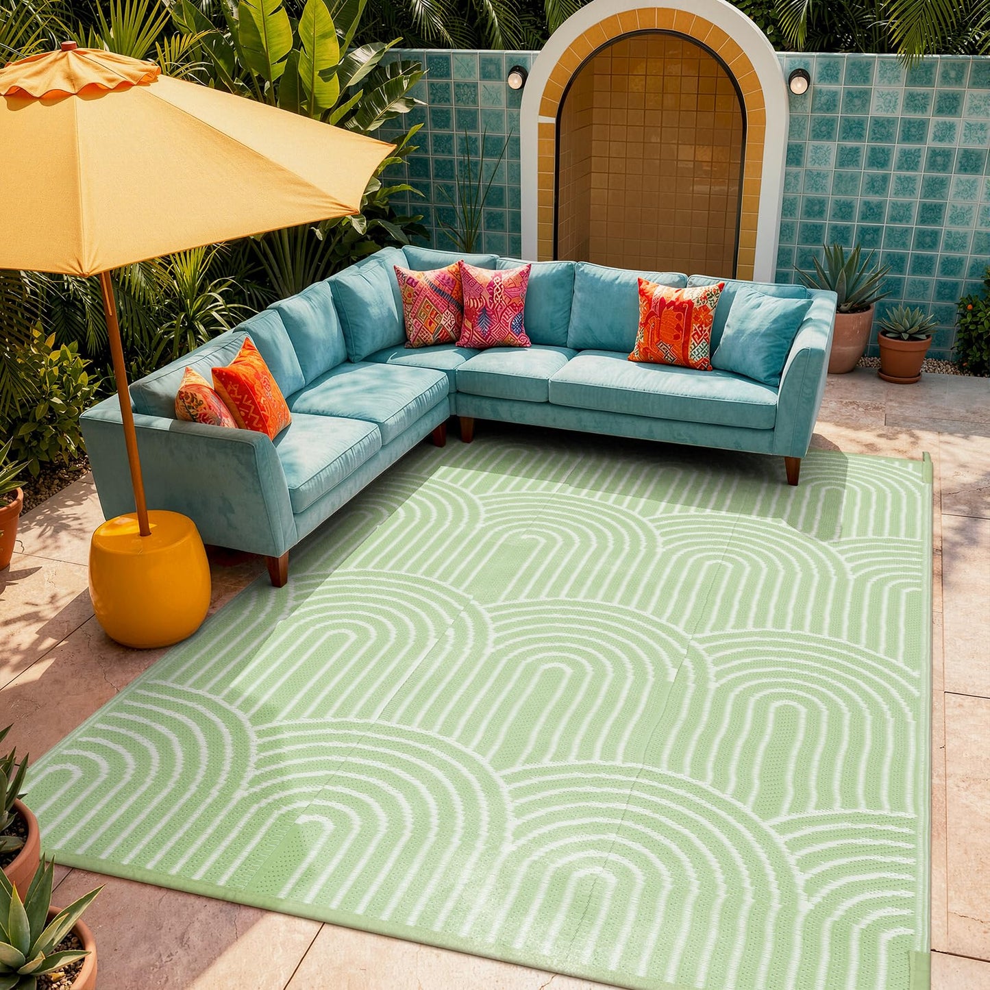 Lahome Deck Rugs Outdoor Waterproof 6x9 Patio Outside Rug, Plastic Straw Reversible Rv Mat,Large Portable Porch Camping Carpet for Balcony Tent (Rainbow Green, 6'x9')