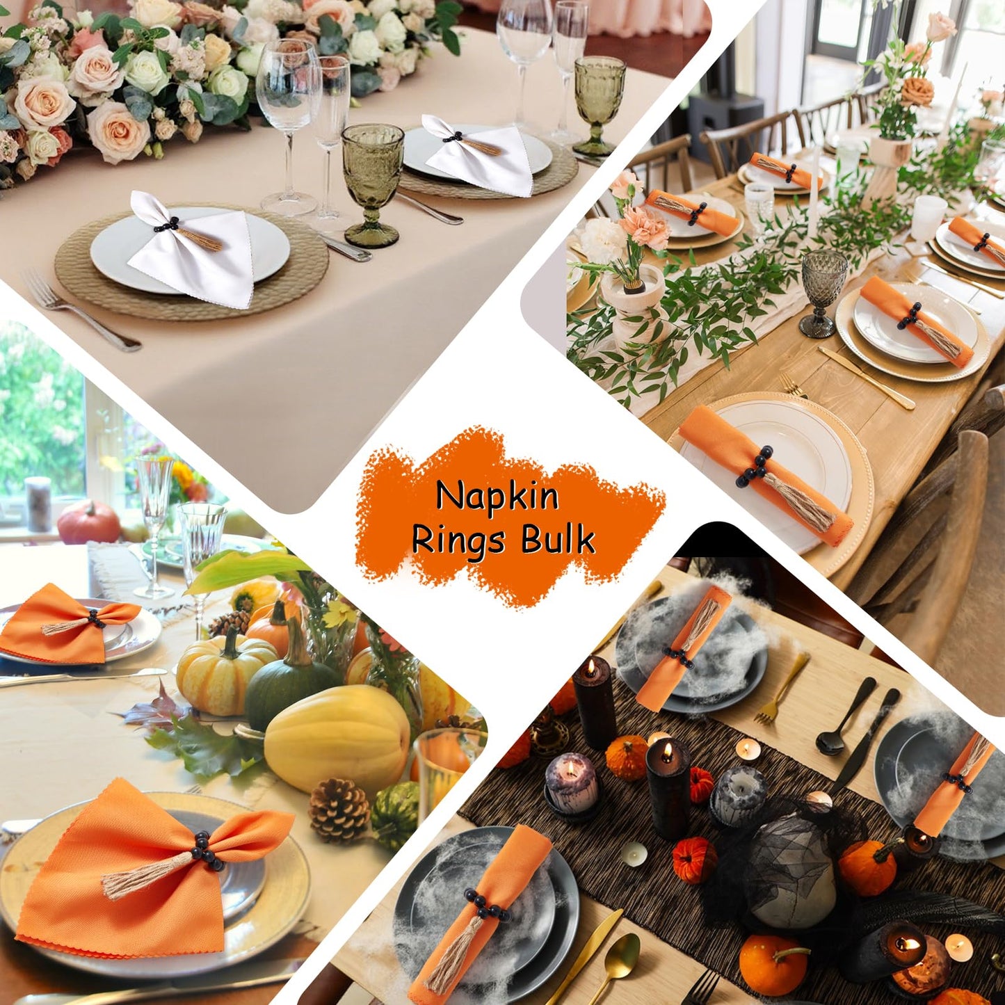 AWTWOW Napkin Rings Set of 12, Black Wooden Bead Napkin Rings for Table Decor, Hallowen Farmhouse Napkins Rings for Boho Table Decor, Fall Banquet, Wedding, Holiday Dinner Party