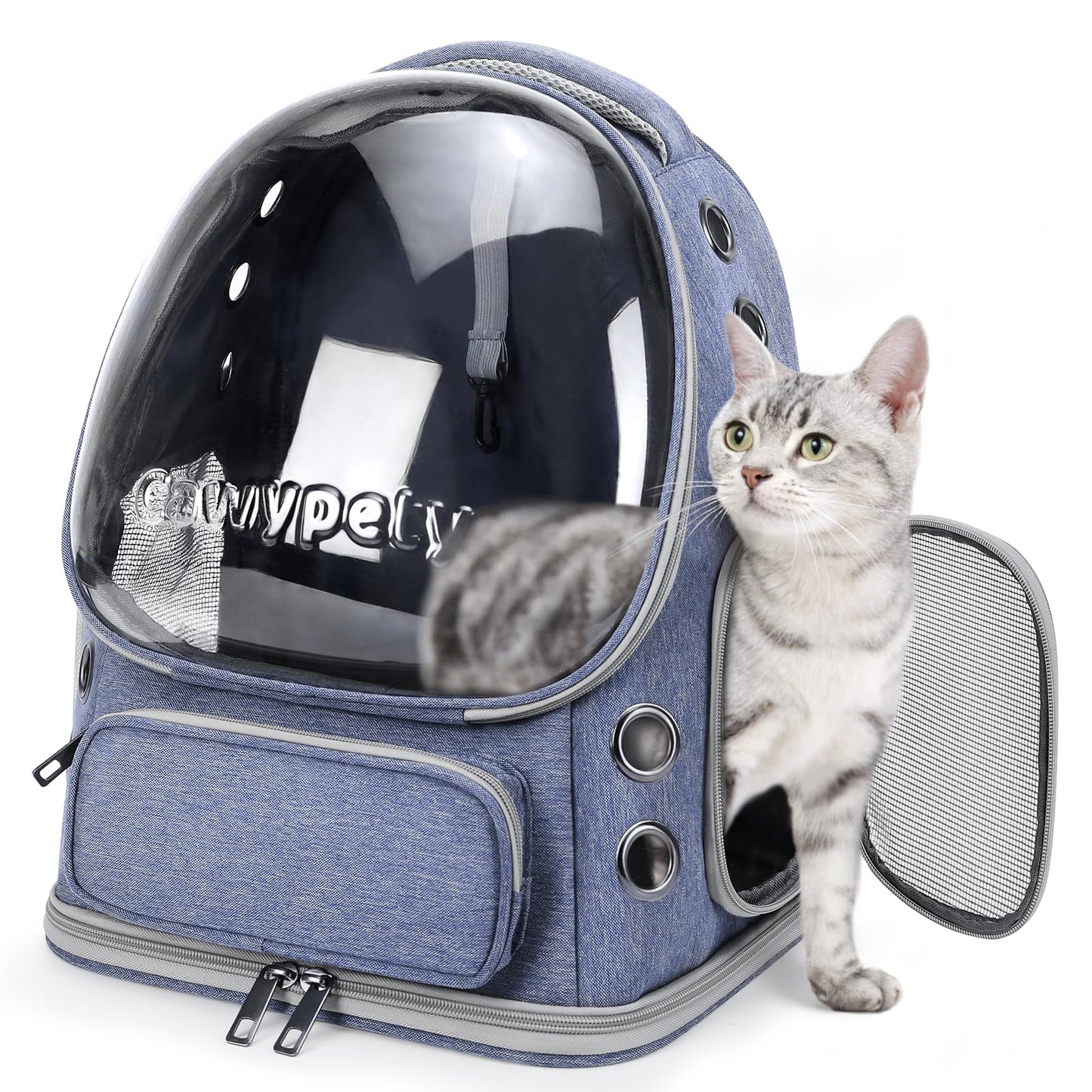 Cawypety Cat Backpack Carrier, Breathable Cat Carrier Large Space Bubble Pet Backpack for Kitty Small Dog up to 12lbs, Transparent & Foldable Pet Carrier for Travel Hiking (Blue