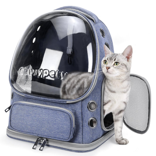 Cawypety Cat Backpack Carrier, Breathable Cat Carrier Large Space Bubble Pet Backpack for Kitty Small Dog up to 12lbs, Transparent & Foldable Pet Carrier for Travel Hiking (Blue