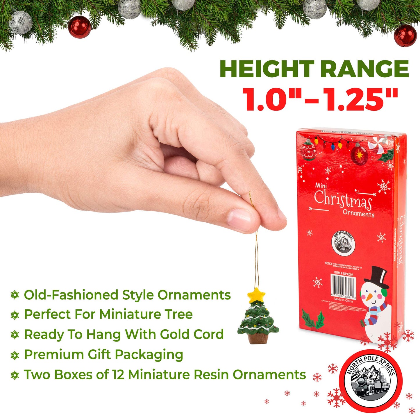 Mini Resin Christmas Ornaments Set of 24 - Rustic Christmas Decorations - Small Miniature Christmas Tree Ornaments - Santa Snowman Gingerbread Angel - Tiny Christmas Tree Decorations with Gift Box!