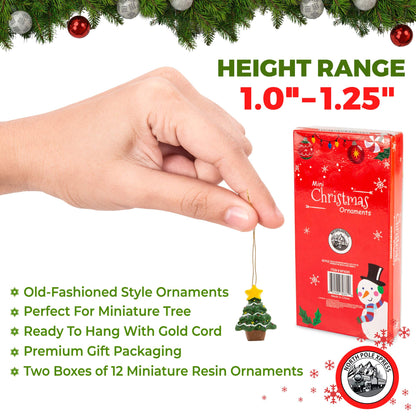 Mini Resin Christmas Ornaments Set of 24 - Rustic Christmas Decorations - Small Miniature Christmas Tree Ornaments - Santa Snowman Gingerbread Angel - Tiny Christmas Tree Decorations with Gift Box!