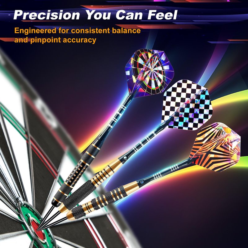 CHERAINTI Darts Metal Tip Set, 12 PCS Professional Steel Tip Darts for Dartboard with 20g 22g 24g Brass Barrels, 18 Aluminum Shafts, 36 Flights, 50 Rubber O-Rings, Sharpener Tool Kit and Gift Box
