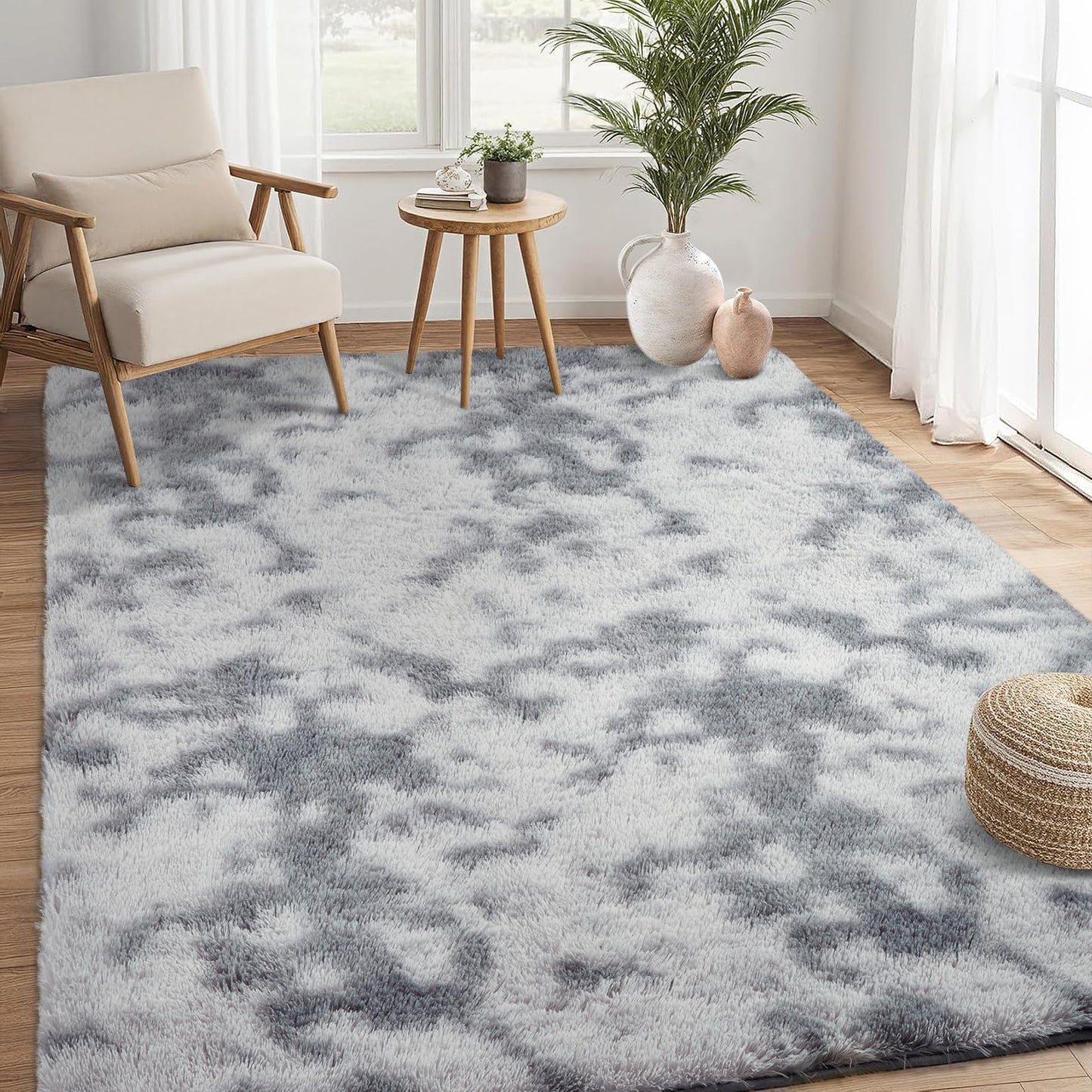 Garvee 8'x10' Oversized Fluffy Area Rug, Tie-Dye Luxury Shag Carpet for Living Room, Large Fuzzy Plush Rug for Basement & Family Room, Non-Slip, Bedroom Decor, Tie-Dyed Light Grey