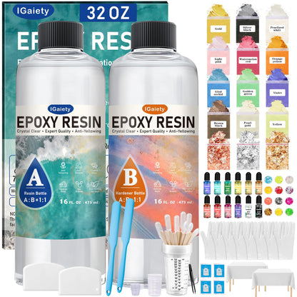 IGaiety Epoxy Resin 32 OZ, Epoxy Resin Kit, Crystal Clear Resin Not Yellowing Epoxy Kit Self-Leveling & Bubble-Free for Beginner Coating Casting DIY Jewelry Making Art Crafts (16 OZ+16 OZ)