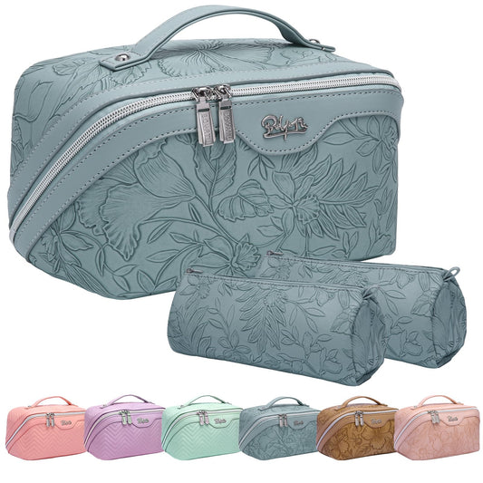 BOYATU Travel Makeup Bags Cosmetic Organizer Bag: 3-Set Large Capacity Make up Bag - PU Leather Toiletry Bags for Women - Wide Open Portable Pouch with Divider & Handle (01-Light Blue)
