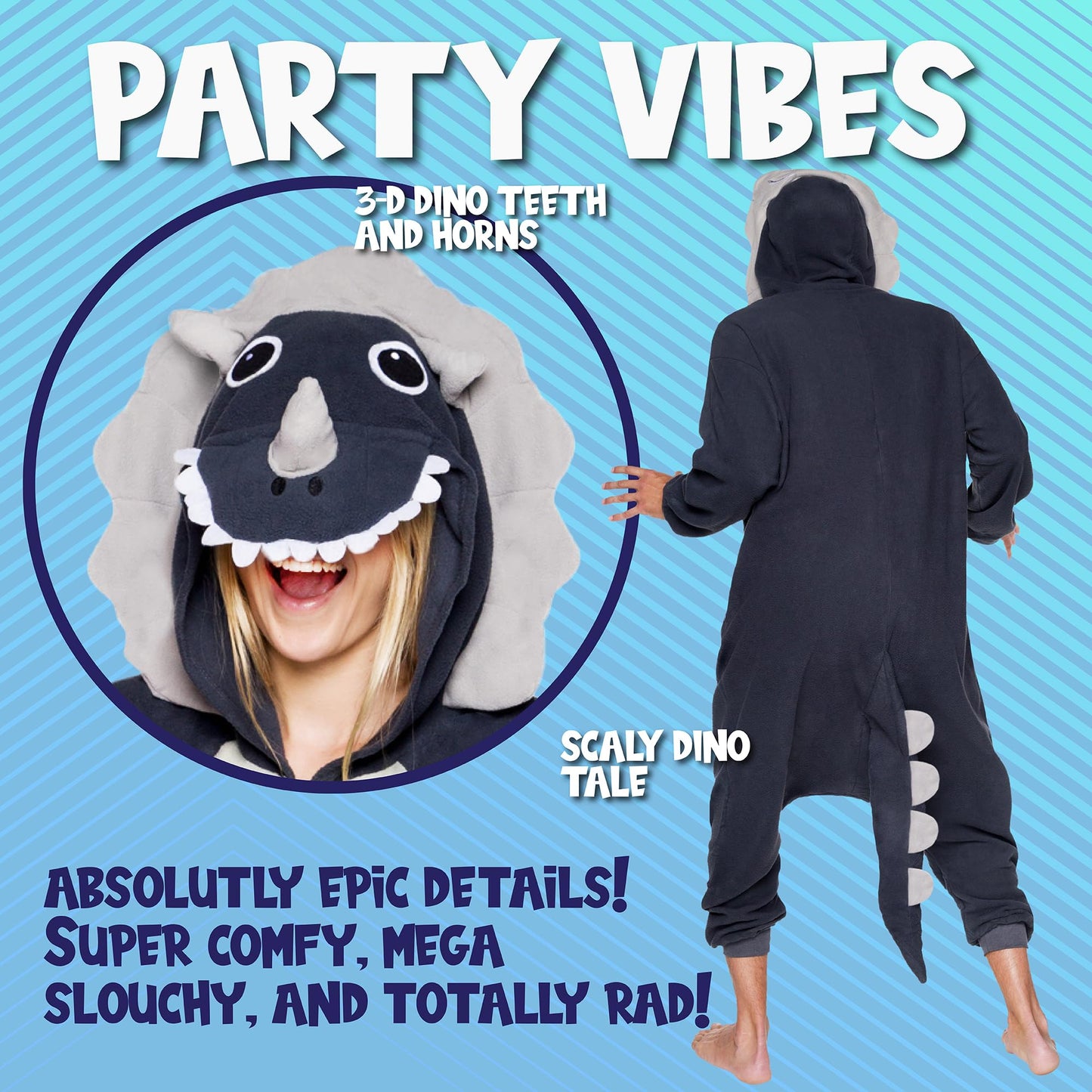 Funziez! Adult Onesie Halloween Costume - Animal Dinosaur Shark - Unisex Plush One Piece Cosplay Suit, Men and Women (Large, Triceratops Grey)