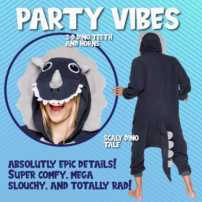 Funziez! Adult Onesie Halloween Costume - Animal Dinosaur Shark - Unisex Plush One Piece Cosplay Suit, Men and Women (Large, Triceratops Grey)