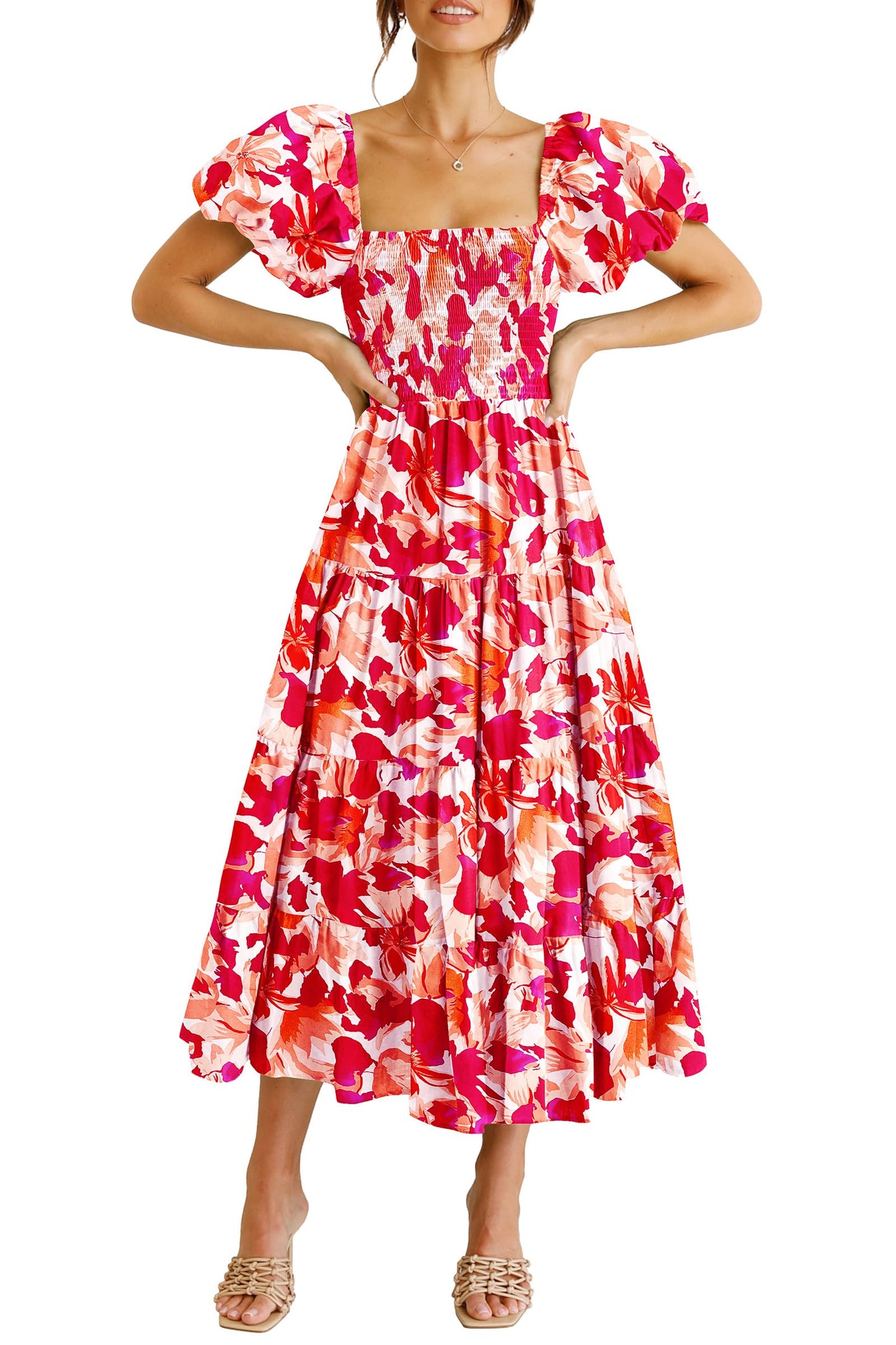 PRETTYGARDEN Women's Casual Summer Midi Dress Puffy Short Sleeve Square Neck Smocked Tiered Ruffle Dresses (Floral Red,Medium)