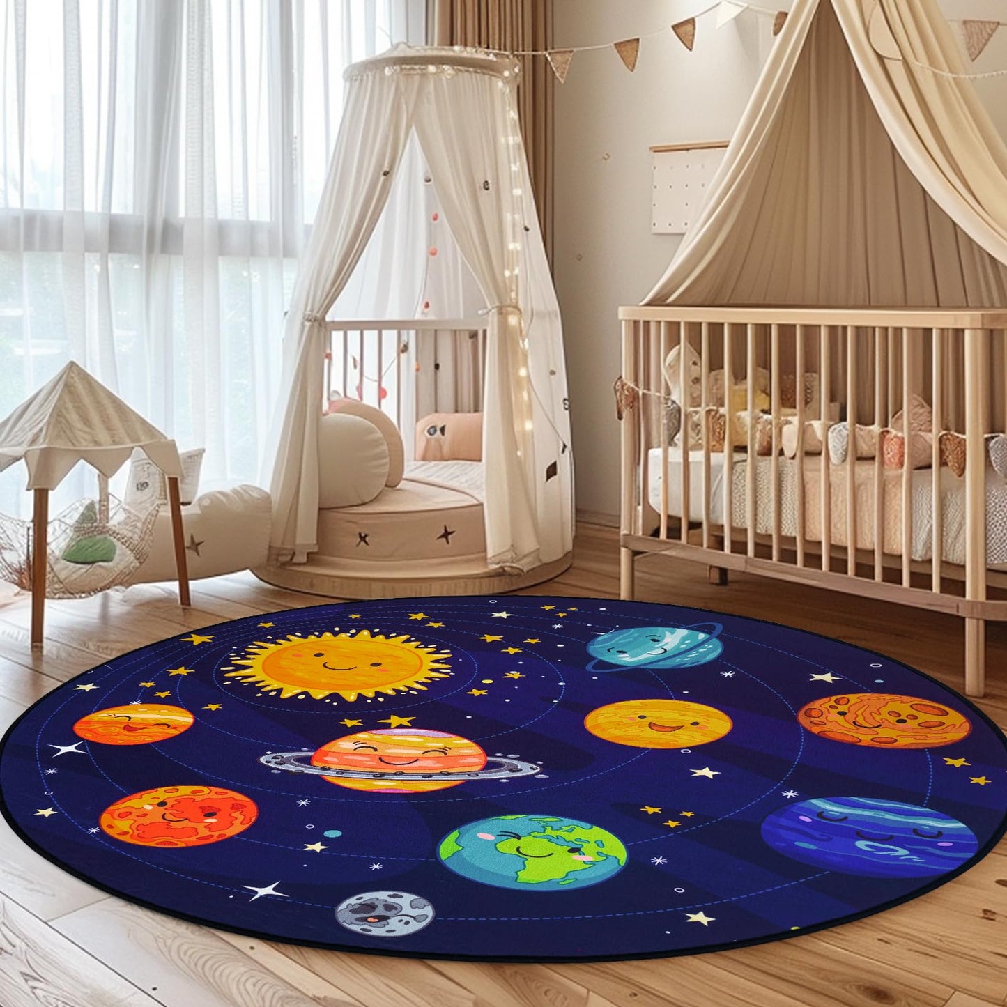 Boshengya Round Space Rug for Kids Room 40x40'' Solar System Circle Rugs for Bedroom Kids Rugs for Playroom Boys Space Planet Theme Rug Living Room Dining Room Decor