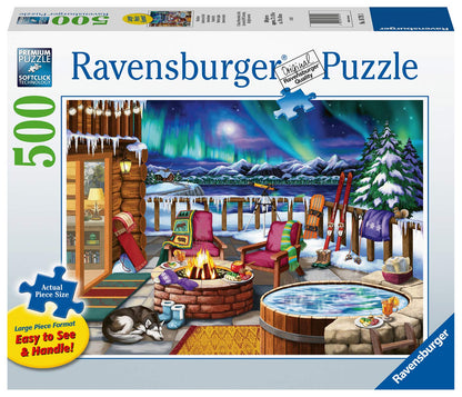 Ravensburger - Northern Lights - 500 Piece Large Format Jigsaw Puzzle - Stunning, Bold, Vivid Image of The Phenomenon - Warm Fireside Cabin - Premium Quality - Puzzles for Adults