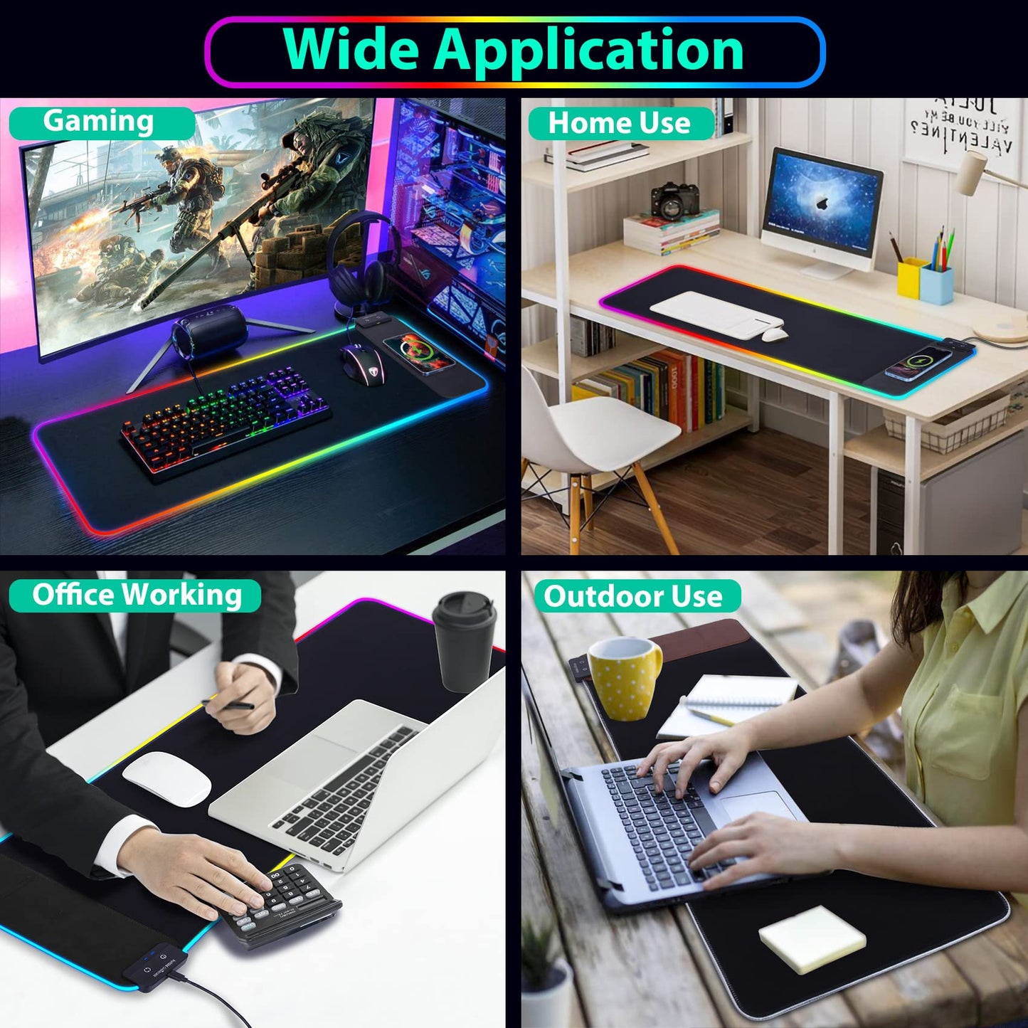 Gaming Mouse Pad, Wireless Charging Mouse Pad Gaming, 31.5"x11.8" Large RGB Desk Mat for Laptop/Computer/Keyboard, 9 Light Modes, Waterproof Smooth Surface, Non-Slip Base, Black