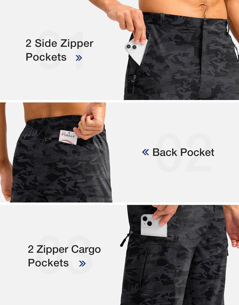 Pudolla Men's Hiking Shorts 11" Lightweight Cargo Work Shorts for Men Summer Travel Golf Casual Outdoor with 5 Pockets(Black Camo X-Large)