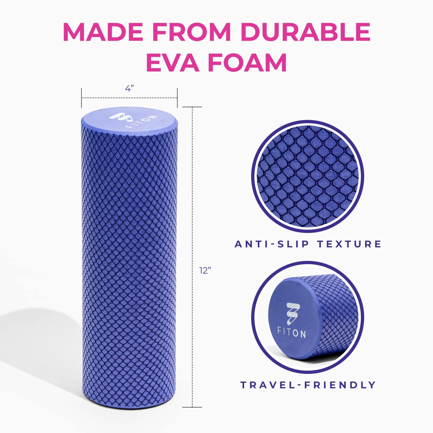 FitOn Recovery Foam Roller - High Density Travel Foam Roller for Muscle Massage and Deep Tissue Relief - Compact and Portable for Exercise, Travel, and Fitness - 12"x4", Purple