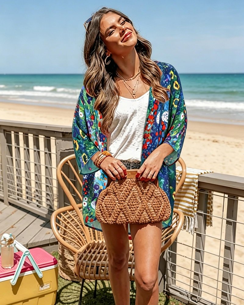 Summer Kimono Cardigan for Women Sheer Hawaii Tops Casual Open Front Swimwear Shirts Beach Cover ups (Green Daisy,3XL)