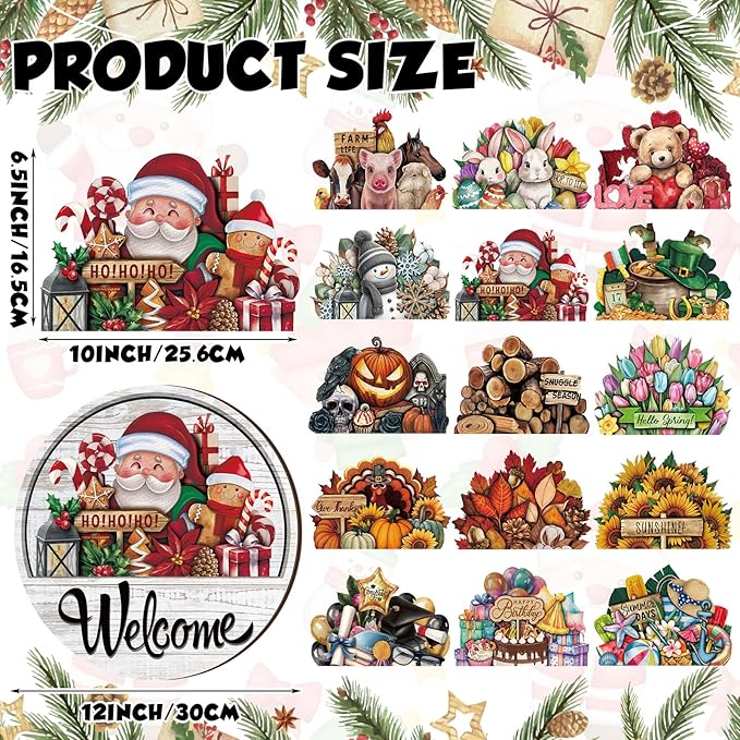 Yousoontic 17 Pcs 12 Inch Magnetic Welcome Door Sign Interchangeable Front Door Decor Rustic Fall Seasonal Hanging Sign Halloween Christmas Decor for Home Warming Gift(Classic Color,Welcome)