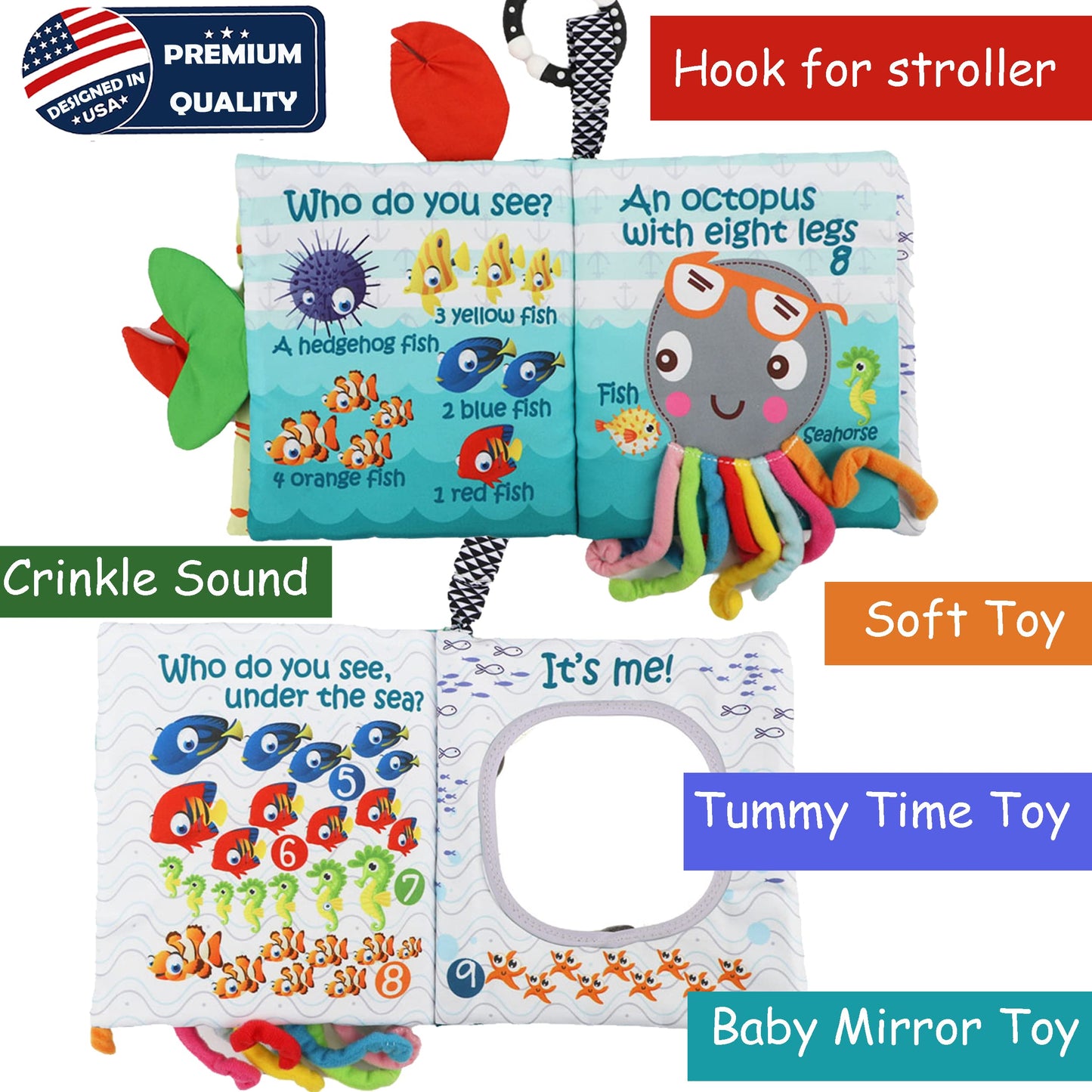 Fish Baby Book 0-6 Months,Touch Feel Cloth Crinkle Books for Babies,Infant Baby Toys 6-12 Months,Learning Education Soft Sensory Mirror Toy,Teether,Shower Gifts for Boys Girls-Gift Box