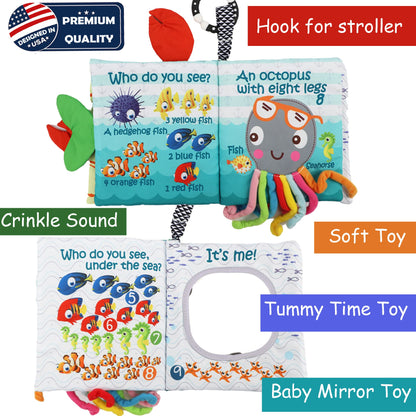Fish Baby Book 0-6 Months,Touch Feel Cloth Crinkle Books for Babies,Infant Baby Toys 6-12 Months,Learning Education Soft Sensory Mirror Toy,Teether,Shower Gifts for Boys Girls-Gift Box