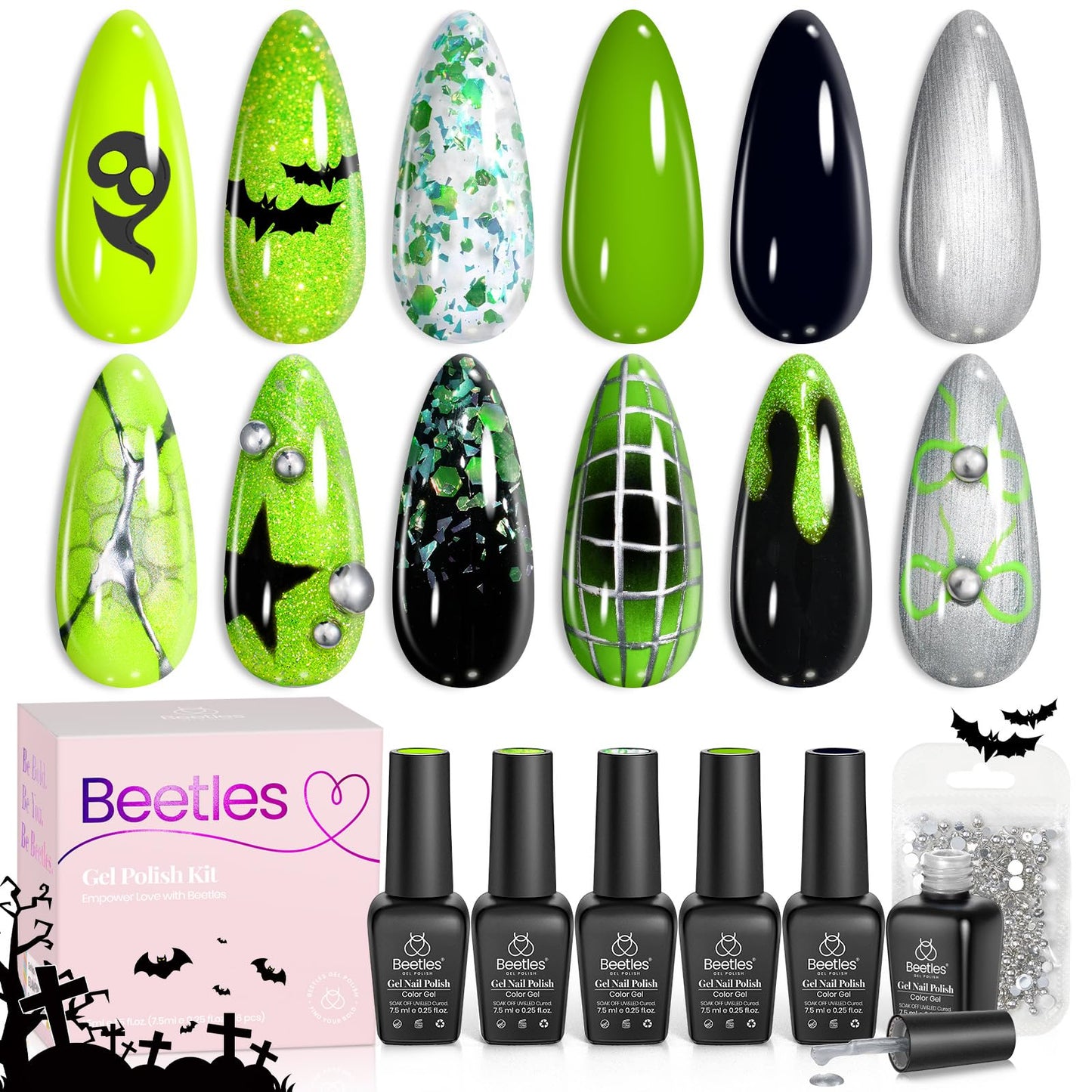 Beetles Neon Green Gel Nail Polish Set, Halloween Black Glitter Silver Brat Tribe Gel Polish with Rhinestones for DIY Nail Art Festival Manicure Gift for Women