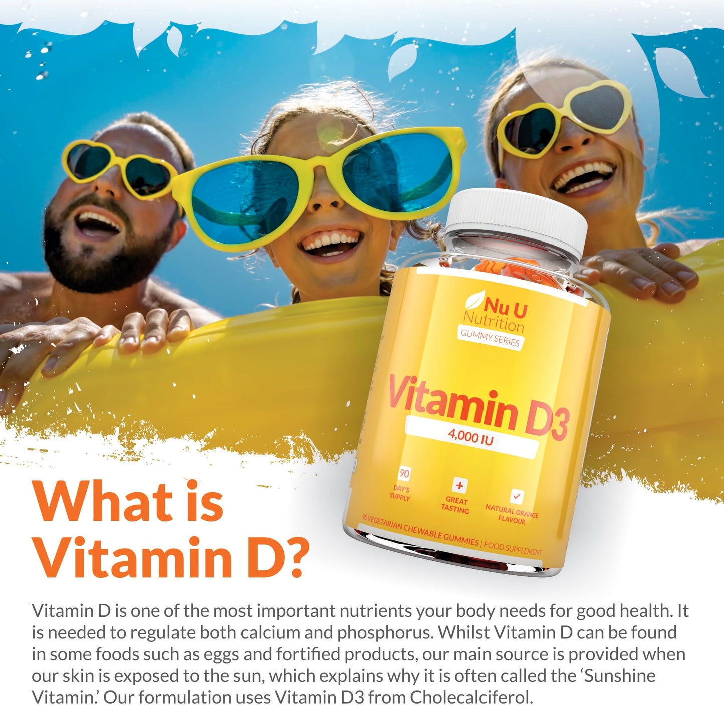 Vitamin D3 Gummies 4000 IU Adults - 90 High Strength Gummies - 1 a Day - Natural Orange Flavour - Vegetarian VIT D Supplement - Chewable VIT D Gummy - Made in The UK - Nu U Nutrition