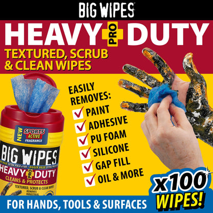 Big Wipes Heavy Duty Pro+ Hand Wipes x100 - Dispenser Tub | Removes Paint, Oil, PU Foam & Adhesives. Aloe Vera & Vitamin E Enriched, Dual-Sided Trade Wipes, Skin Safe, Tear Resistant