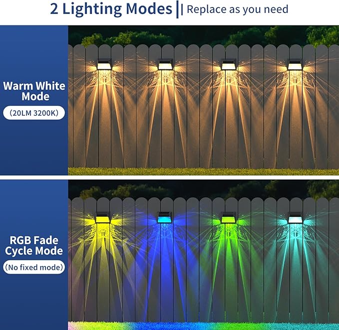 Solar Powered Fence Deck Lights Outdoor Waterproof Led IP65 RGB Color Changing/Warm White Auto On/Off Solar Step Lights for Outside Stair Garden Yard Wall Patio (2 Pack, Black)