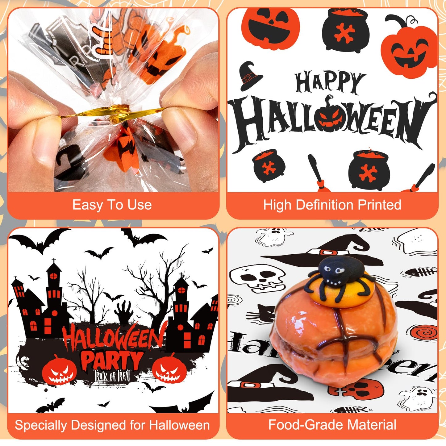 100 Pcs Halloween Treat Bags - Happy Halloweens Goodie Bag, Plastic Halloween Pumpkin Cellophane Bag Bulk, Clear Gift Goody Candy Bags with Twist Ties for Halloweens Party Supplies Favors Decorations