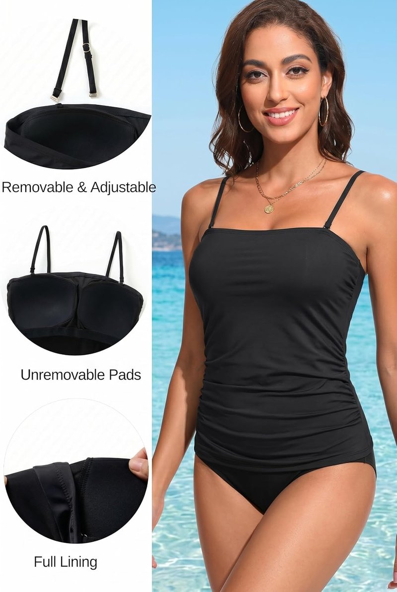 Bandeau Swimsuits for Women - Ruched Tummy Control Two Piece Tankini Set | Stylish Strapless Swimwear