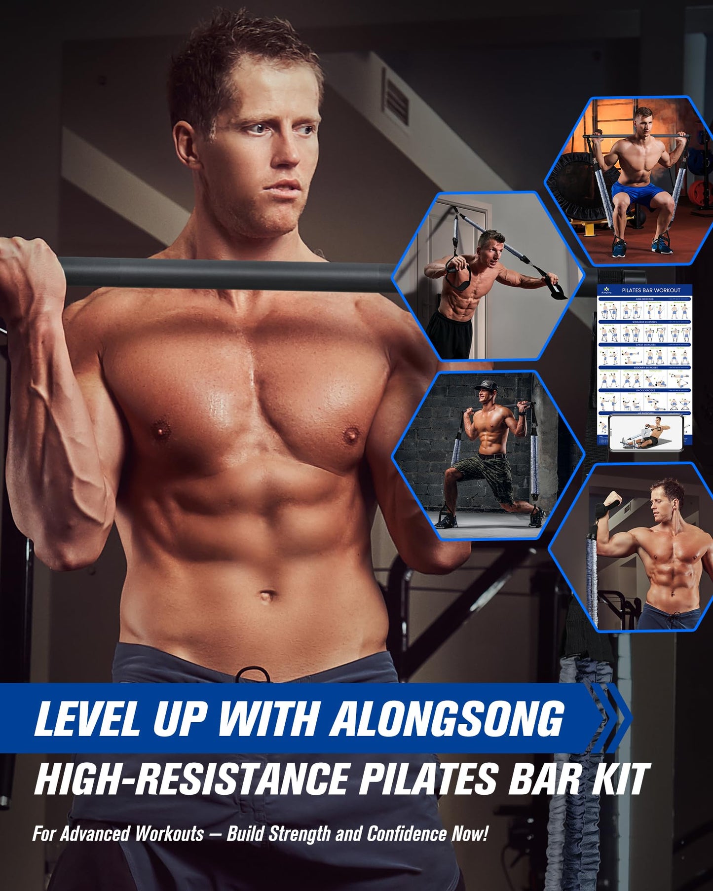 ALongSong Resistance Bands Set Men With Pilates Bar Set 6 Latex Exercise Bands 50-360Lbs/Handles Door/Anchor Pilates Equipment For Home Gym Workout Fitness