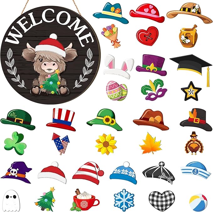 35 Pcs Christmas Interchangeable Highland Cow Welcome Sign Highland Cow Seasonal Wooden Hanging Door Decor Thanksgiving Farmhouse Hanging Sign for Front Door Xmas Party Decoration Gift