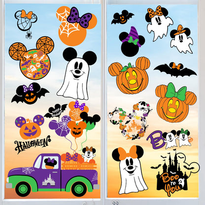 Mouse Themed Halloween Window Decals - 9 Sheets of Removable Pumpkin & Ghost Stickers for Glass Windows