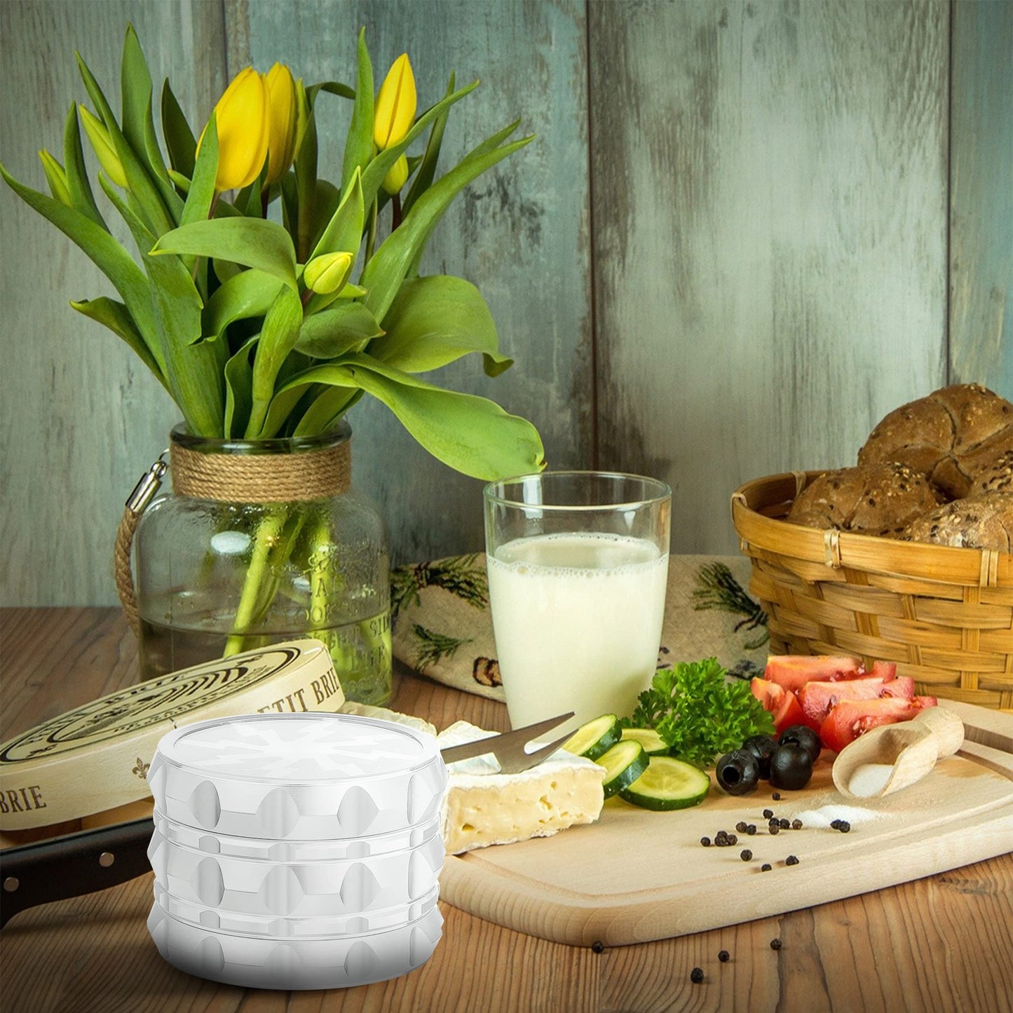 TIRIRS 2.5" 4 Pieces Clear Top Herb Grinder - Aluminium Spice Grinder with Pollen Scraper and Cleaning Brush - Silver.