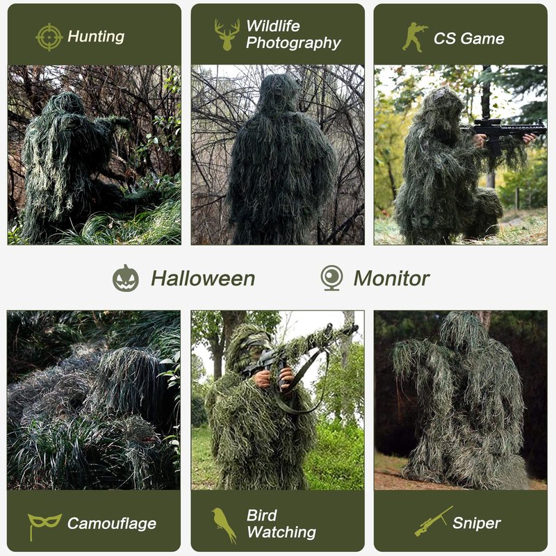 MOPHOTO 5 in 1 Ghillie Suit 3D Camouflage Hunting Suits - Jacket, Pants, Hood, Carry Bag for Youth & Adults M/L/XL/XXL
