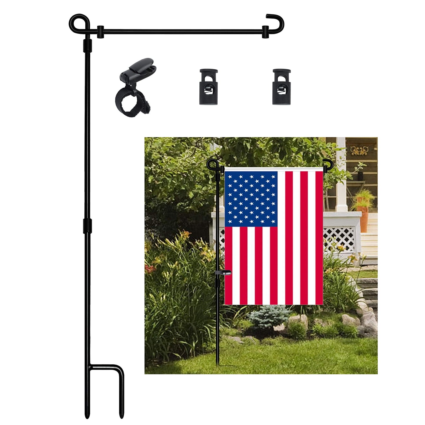 HOOSUN Garden Flag Stand, Premium Garden Flag Pole Holder Metal Powder-Coated Weather-Proof Paint with Tiger Clip and Spring Stoppers without flag