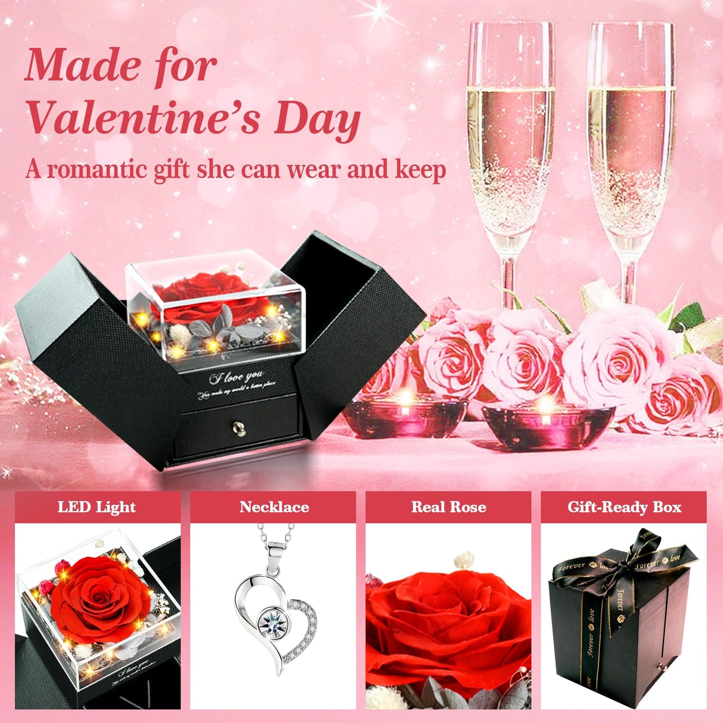cdco Valentines Day Gifts for Her Women Girlfriend Wife Fiancée - Preserved Real Rose with Heart Necklace “I Love You” in 100 Languages, Valentine's Forever Flowers