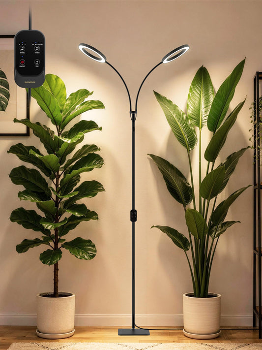 GLOWRIUM Grow Lights for Indoor Plants, Full Spectrum LED Grow Light, Stepless Dimming,3 Lighting Mode and Adjustable Height, Plant Light with 3/9/12/16H Timer (Black, Dual Heads)