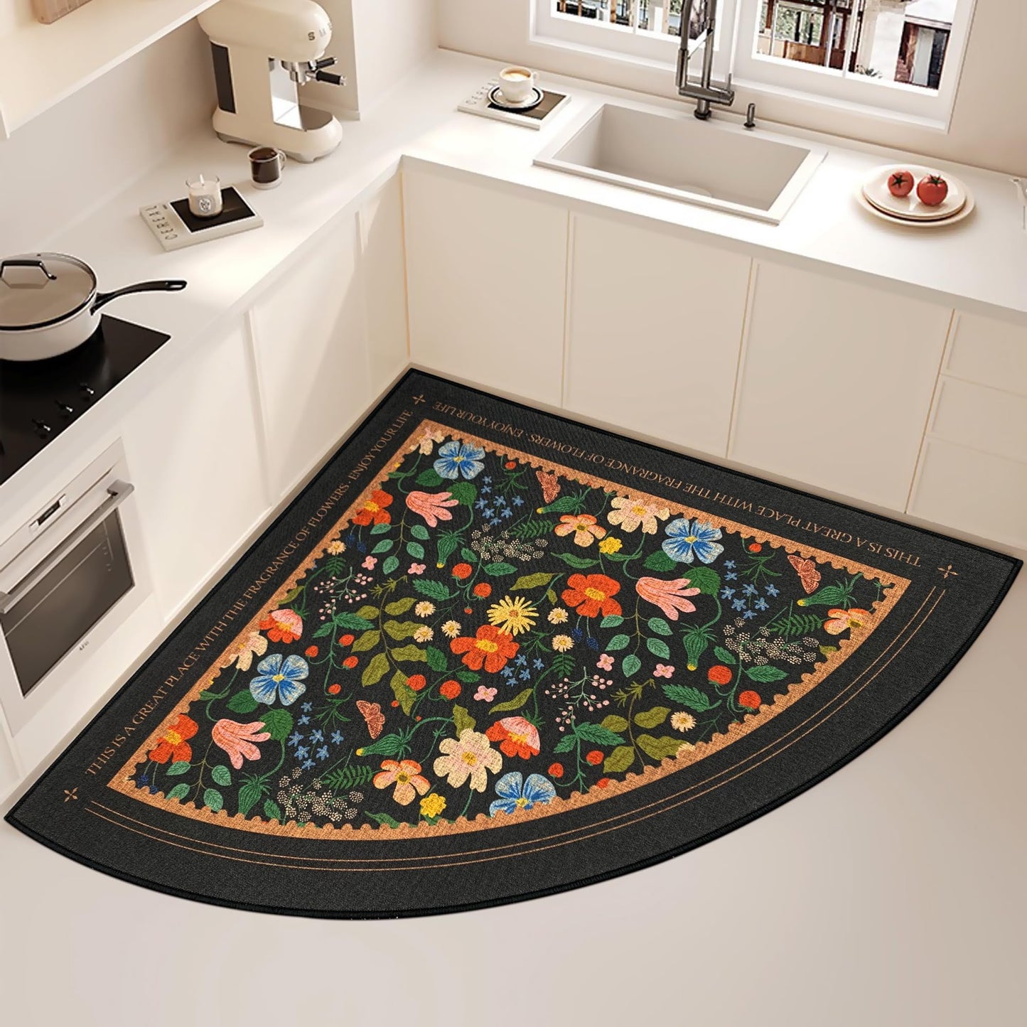 SHIYUE Triangle Corner Rug Kitchen Rugs Washable Non Slip Area Rug Water, Comfort Soft Rubber Standing Sink Mat Bathroom and Bedroom Laundry Mat(32in Flower Park)