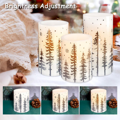 FLAVCHARM Christmas Flameless Candles, Battery Operated, Hot Stamping Silver Xmas Tree LED Flickering Candles with Remote and Timer, Holiday Decorative Pillar for Xmas, Party, Bedroom