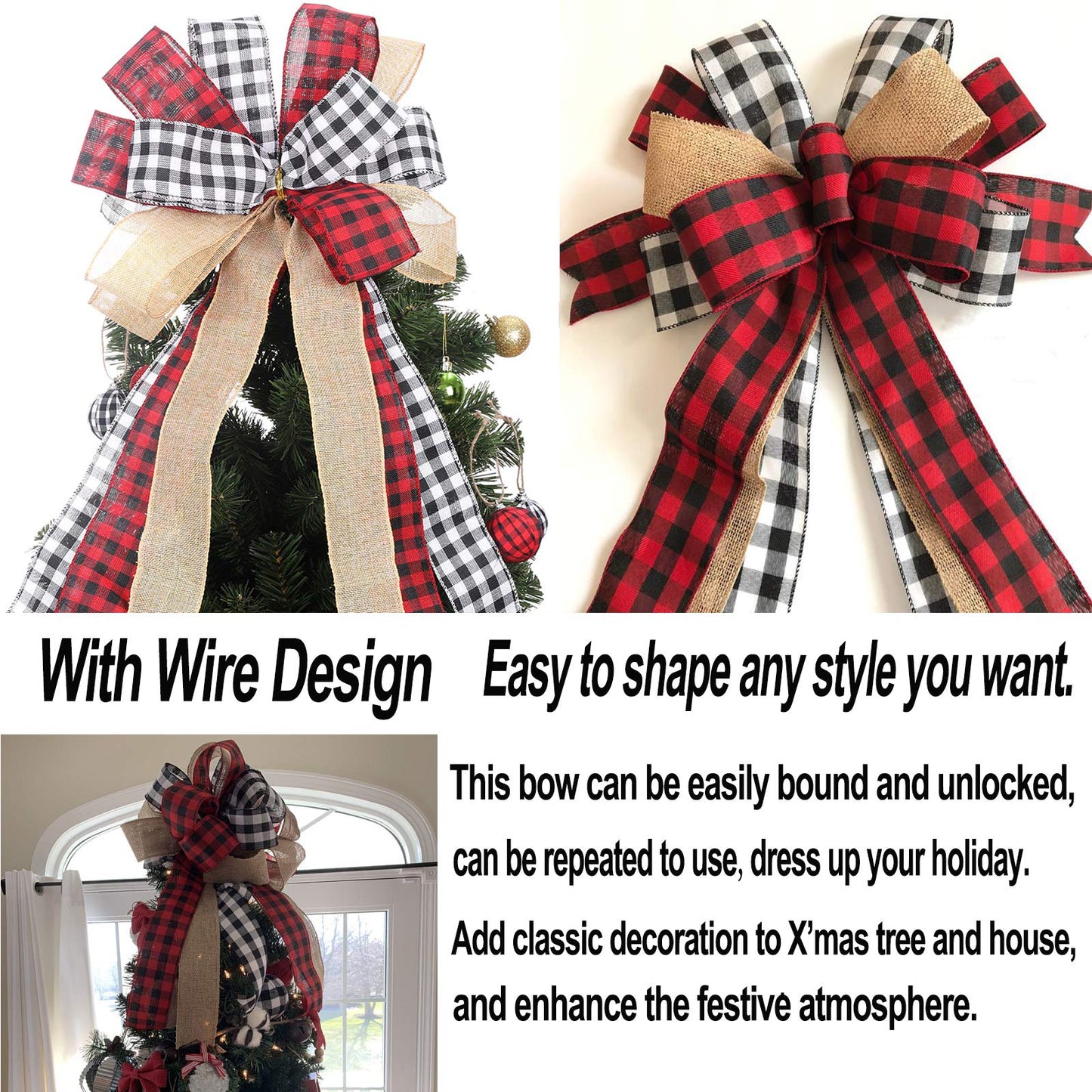 Tmflexe Christmas Bows Tree Topper Red Black White Buffalo Plaid Ornaments Handmade for Wreath Door Burlap Rustic Farmhouse Decoration (Burlap Buffalo Plaid)