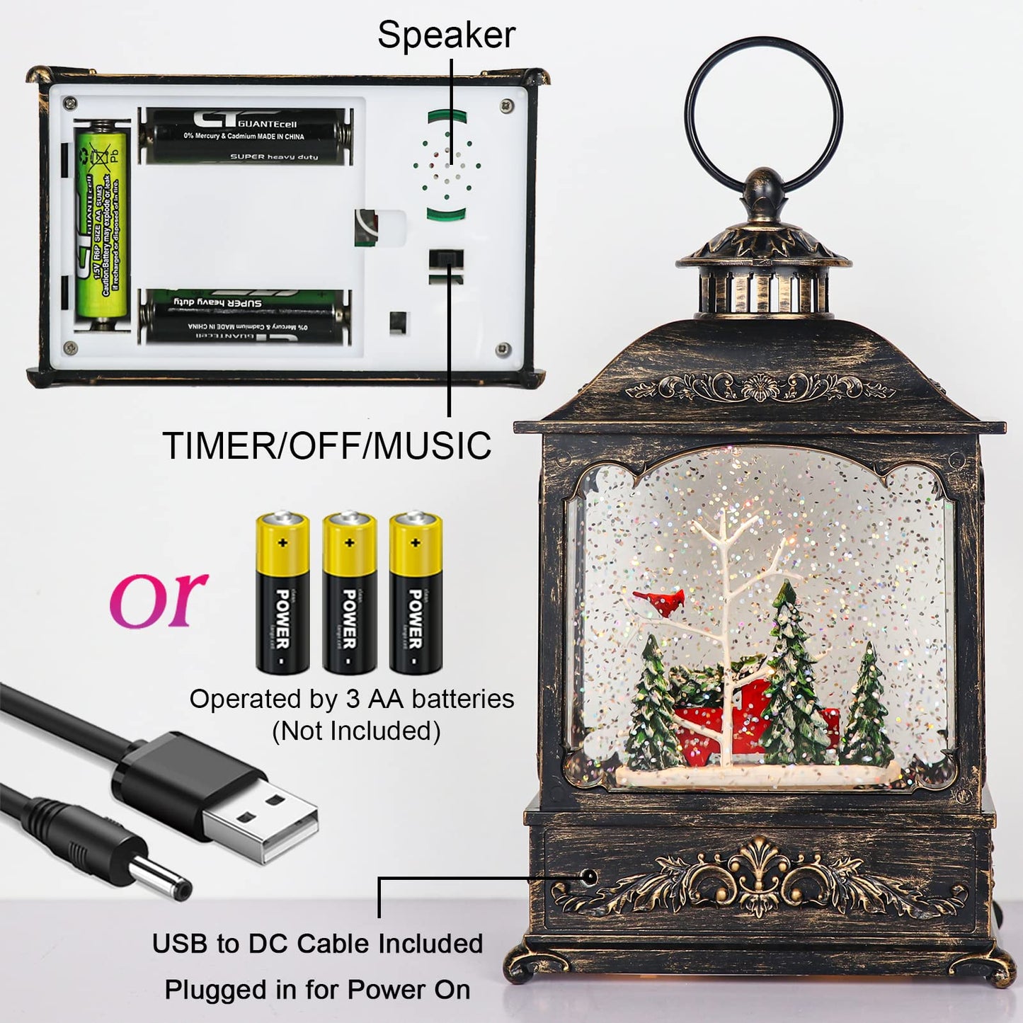 GenSwin Christmas Car Snow Globe Lantern Battery Operated Water Swirling Glitter with 6H Timer, Musical LED Lighted Scene for Christmas Home Decoration Gift