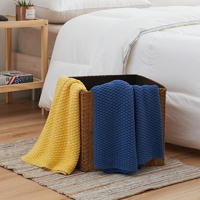 Longhui bedding Blue Knitted Throw Blanket for Couch - Soft, Cozy Machine Washable 100% Cotton Sofa Knit Blankets, Heavy 3.0lb Weight, 50 x 60 Inches, Laundry Bag Included