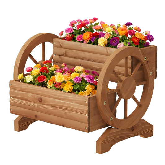 Wooden Wagon Planter Outdoor Flower Cart with Wheels Garden Planter, Decor Planter for Patio Balcony Decoration Succulent Flower Pot for Indoor Backyard Yard Decor Planters (Brown, Medium)