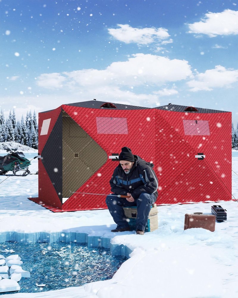 FinerFurnis Insulated Pop-Up Ice Fishing Tent for 6-8 Persons – Portable Winter Shelter – Windproof & Warm – Zippered Door, Anchors, Carry Bag – Large Size for Group Ice Fishing