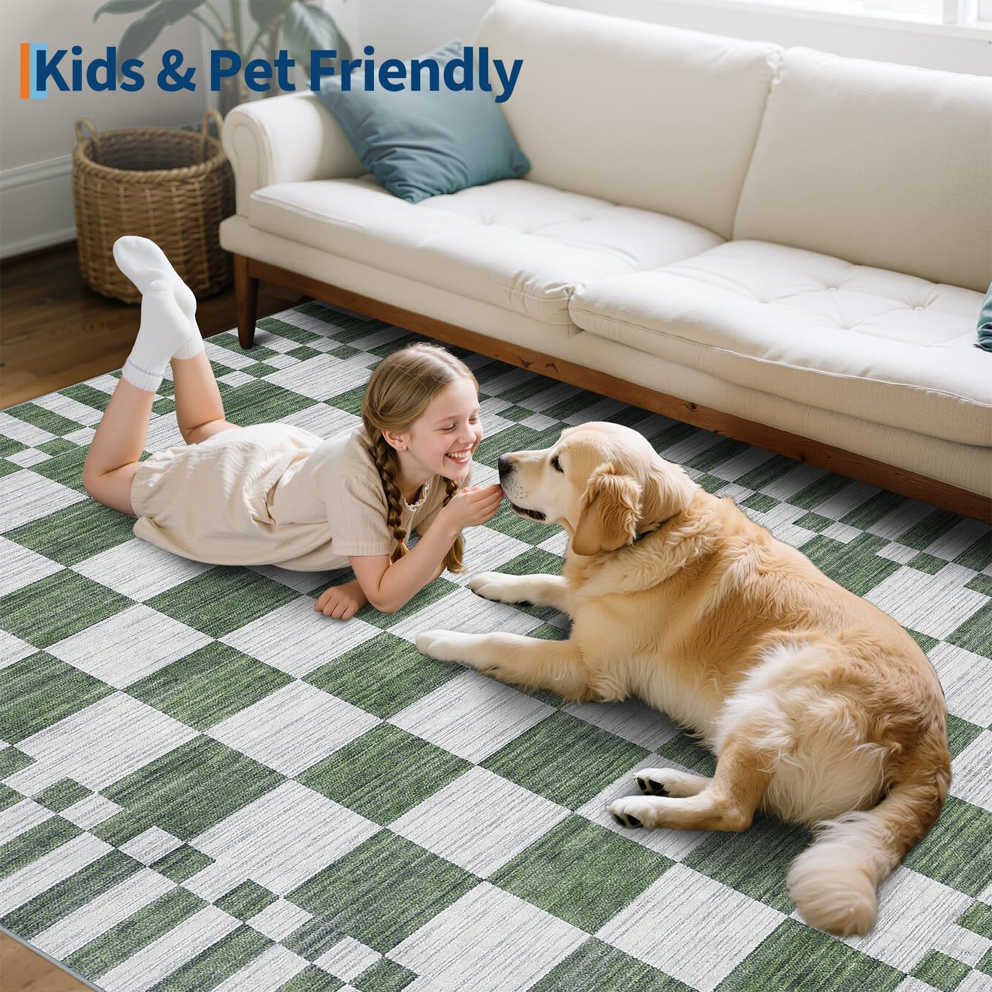 GarveeHome 8×10 Area Rugs for Living Room,Sage Green Checkered Rug, Non-Slip Washable Rugs 8x10,Soft Low-Pile Farmhouse Geometric Modern Rug for Bedroom Dining Room